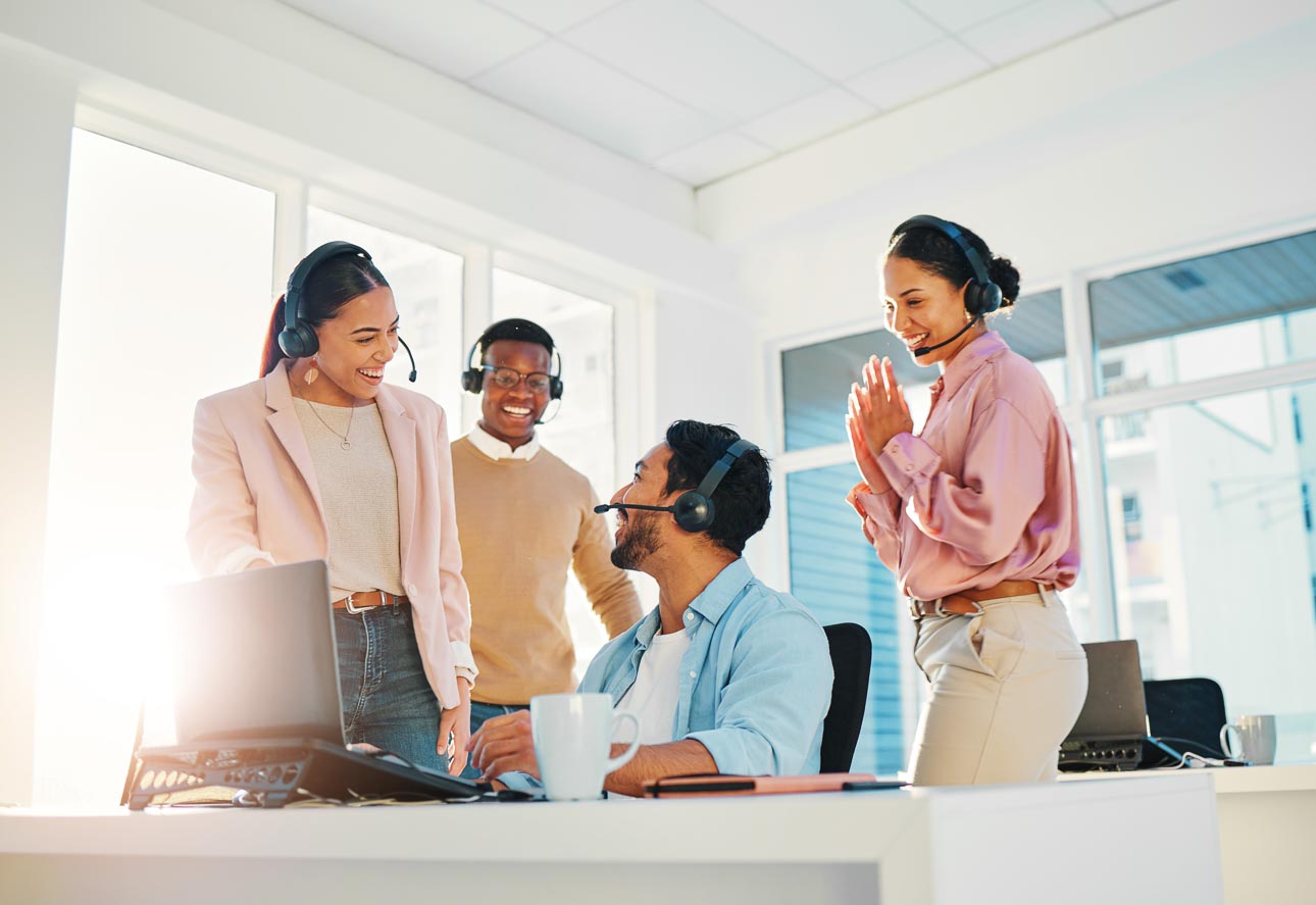 Call center, teamwork or happy for target with support, collabor
